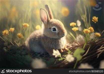 Cute little Easter bunny in grass and flowers. Realistic illustration, design for cards. AI. Cute little Easter bunny in grass and flowers. AI