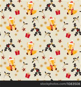 Cute little fox and Christmas gift seamless pattern.