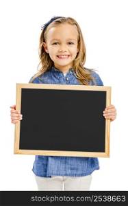 Cute little girl holding a chalkboard, isolated on white