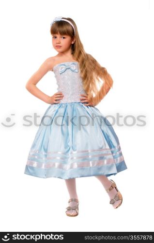 Cute little girl in a blue dress. Isolated