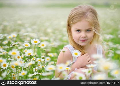 Cute little girl in big camomile meadow. Portrait composition.