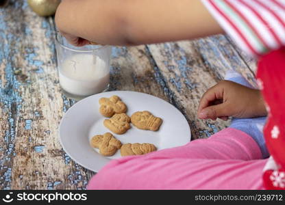 Cute little girl is playing with Santa’s cookies and milk at Christmas