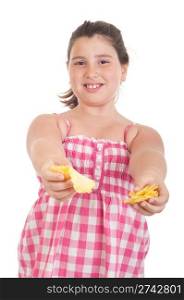 cute little girl offering potato chips with unhappy expression (isolated on white background)