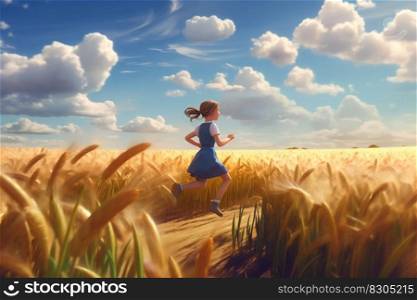 Cute Little Girl Running through a Wheat Field with Wheat Waves in the Background. Generative AI. High quality illustration. Cute Little Girl Running through a Wheat Field with Wheat Waves in the Background. Generative AI