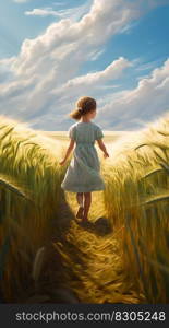 Cute Little Girl Running through a Wheat Field with Wheat Waves in the Background. Generative AI. High quality illustration. Cute Little Girl Running through a Wheat Field with Wheat Waves in the Background. Generative AI
