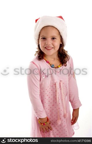 cute little girl with christmas hat against a white background