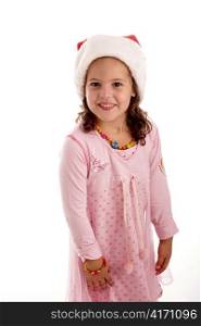 cute little girl with christmas hat against a white background