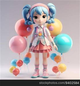 Cute little girl with colorful balloons. 3d illustration. Cartoon style.