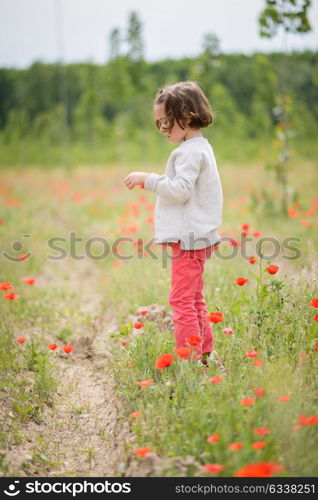 Cute little girl with four years old having fun in a poppy field