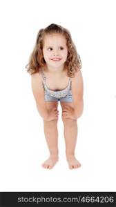 Cute little girl with three year old crouching on a white background