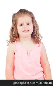Cute little girl with three year old in tears on a white background