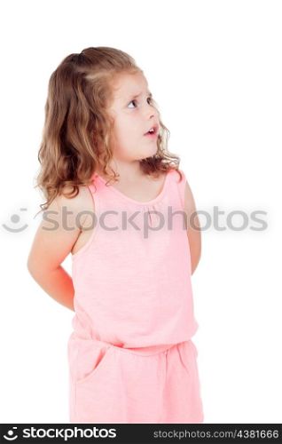 Cute little girl with three year old worried looking at side on a white background
