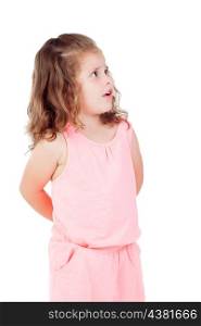 Cute little girl with three year old worried looking at side on a white background