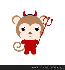 Cute little Halloween monkey in a devil costume. Cartoon animal character for kids t-shirts, nursery decoration, baby shower, greeting card, invitation, house interior. Vector stock illustration