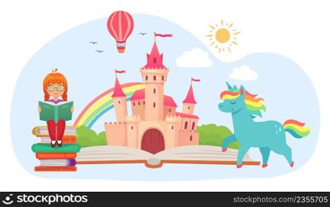 Cute little kid girl read book. Open fairy tale book with medieval kingdom and fictional characters as unicorn with rainbow hair. Small child imagining castle and flying hot air balloon vector. Cute little kid girl read book. Open fairy tale book with medieval kingdom and fictional characters as unicorn