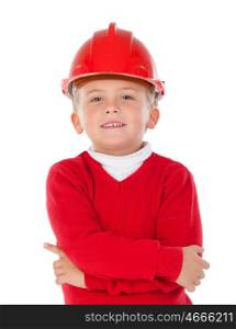 Cute little kid with red helmet isolated on a white background