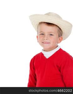 Cute little kid with straw hat isolated on a white background