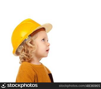 Cute little kid with yellow helmet isolated on a white background
