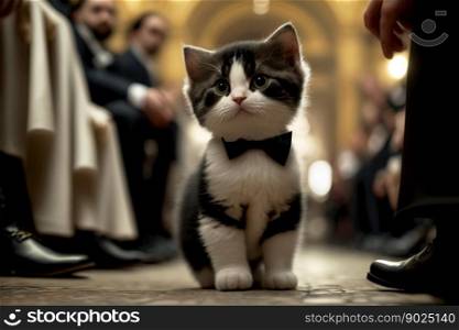 Cute little kitten dressed in tuxedo, cat goes to night celebration dinner