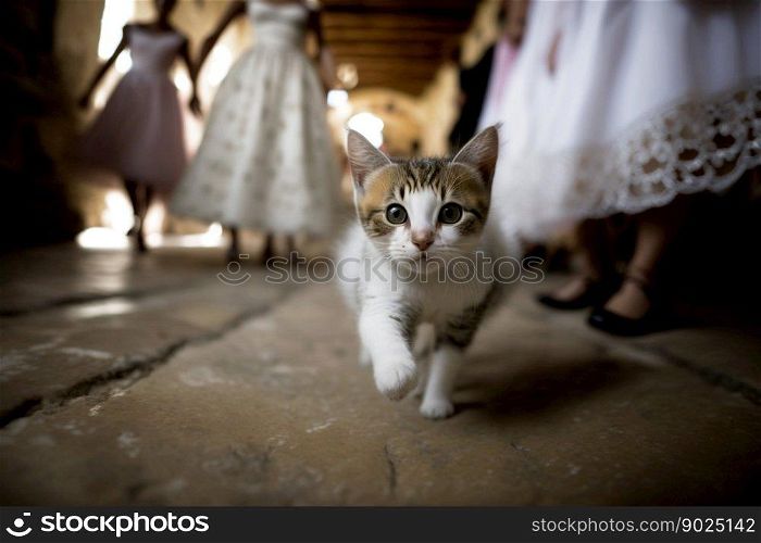 Cute little kitten dressed in wedding dress, cat goes to her wedding