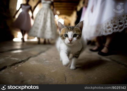 Cute little kitten dressed in wedding dress, cat goes to her wedding