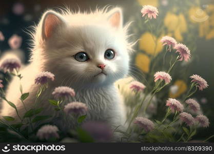 Cute little kitten in grass. White fluffy cat in spring flowers. Realistic illustration, design for cards. AI. Cute little white kitten in grass and flowers. AI