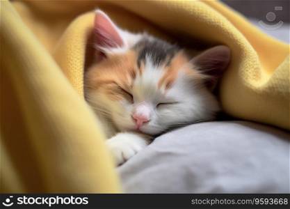 Cute little kitten sleeping under a yellow blanket on the bed.
