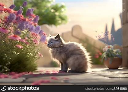 Cute little kitten walking in the garden. Neural network AI generated art. Cute little kitten walking in the garden. Neural network AI generated