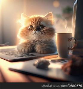Cute Little Kitten Working on Computer . AI generated Illustration.