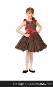 Cute little lady in a brown dress. Isolated