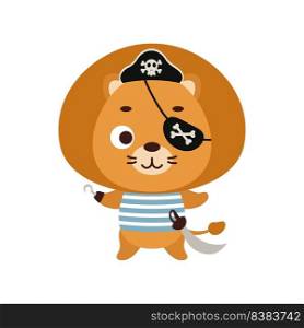 Cute little pirate lion with hook and blindfold. Cartoon animal character for kids t-shirts, nursery decoration, baby shower, greeting card, invitation, house interior. Vector stock illustration