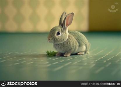 Cute little rabbit sitting on uniform floor background. Generative AI.. Cute little rabbit sitting on uniform floor background. Generative AI