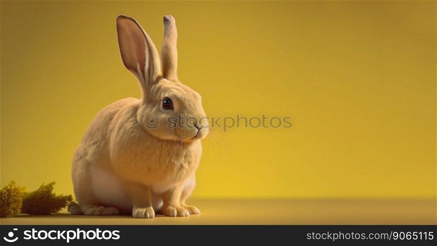 Cute little rabbit sitting on uniform yellow floor background. Generative AI.. Cute little rabbit sitting on uniform yellow floor background. Generative AI