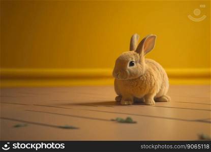 Cute little rabbit sitting on uniform yellow floor background. Generative AI.. Cute little rabbit sitting on uniform yellow floor background. Generative AI
