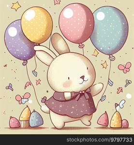 Cute Little Rabbit with Balloon. Happy Birthday Card.