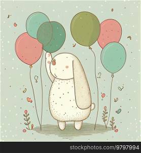 Cute Little Rabbit with Balloon. Happy Birthday Card.