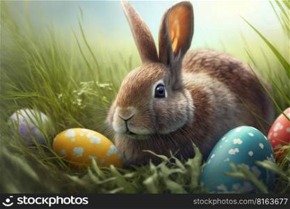 Cute little rabbit with Easter eggs in flowers meadow, AI Generative