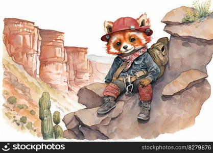 Cute little red panda tourist exploring the world with backpacking. distinct generative AI image.. Cute little red panda tourist exploring the world with backpacking