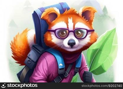Cute little red panda tourist exploring the world with backpacking. distinct generative AI image.. Cute little red panda tourist exploring the world with backpacking