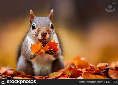 Cute little squirrel at autumn forest 3d illustrated