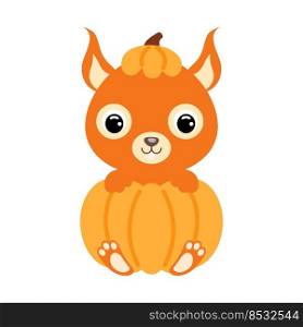 Cute little squirrel sitting in a pumpkin. Cartoon animal character for kids t-shirts, nursery decoration, baby shower, greeting card, invitation. Vector stock illustration