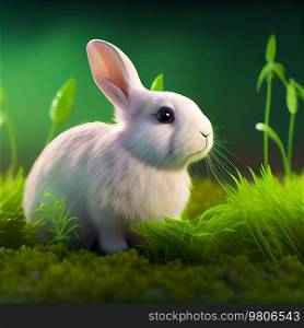 Cute Little White Bunny on Natural Background. Illustration AI Generative