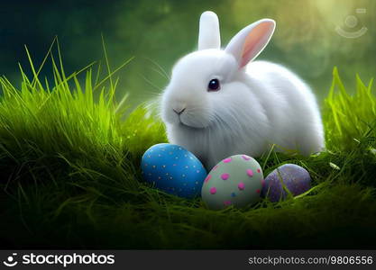 Cute Little White Easter Bunny on Natural Background. Illustration AI Generative