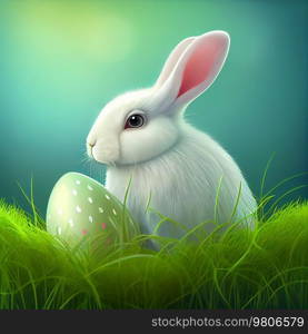 Cute Little White Easter Bunny on Natural Background. Illustration AI Generative