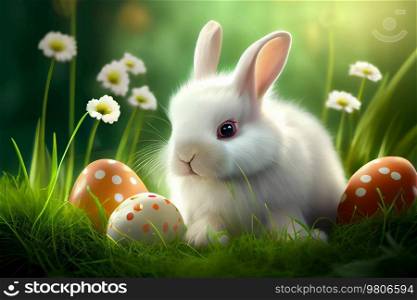 Cute Little White Easter Bunny on Natural Background. Illustration AI Generative