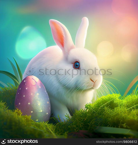 Cute Little White Easter Bunny on Natural Background. Illustration AI Generative