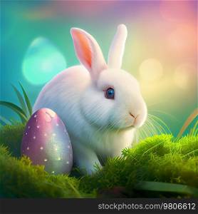 Cute Little White Easter Bunny on Natural Background. Illustration AI Generative