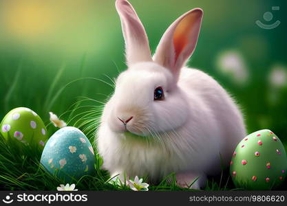 Cute Little White Easter Bunny on Natural Background. Illustration AI Generative