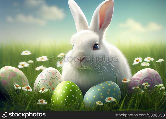 Cute Little White Easter Bunny on Natural Background. Illustration AI Generative