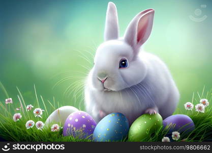 Cute Little White Easter Bunny on Natural Background. Illustration AI Generative